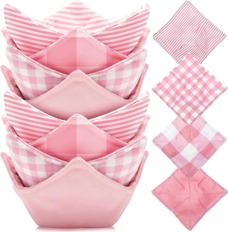 FoldTier 8 Pcs Microwave Bowl Cozy Holders, Pink Plaid Stripe Cotton Quilted Reusable Hot Pads Soup Bowl Potholders Heat Resistant Grip, Housewarming Gift Kitchen Accessories for Hot Food Plates - Image 1